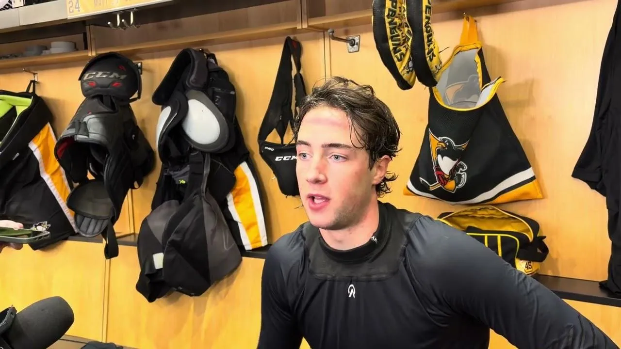 Pittsburgh Penguins' Harrison Brunicke speaks to reporters in the locker room