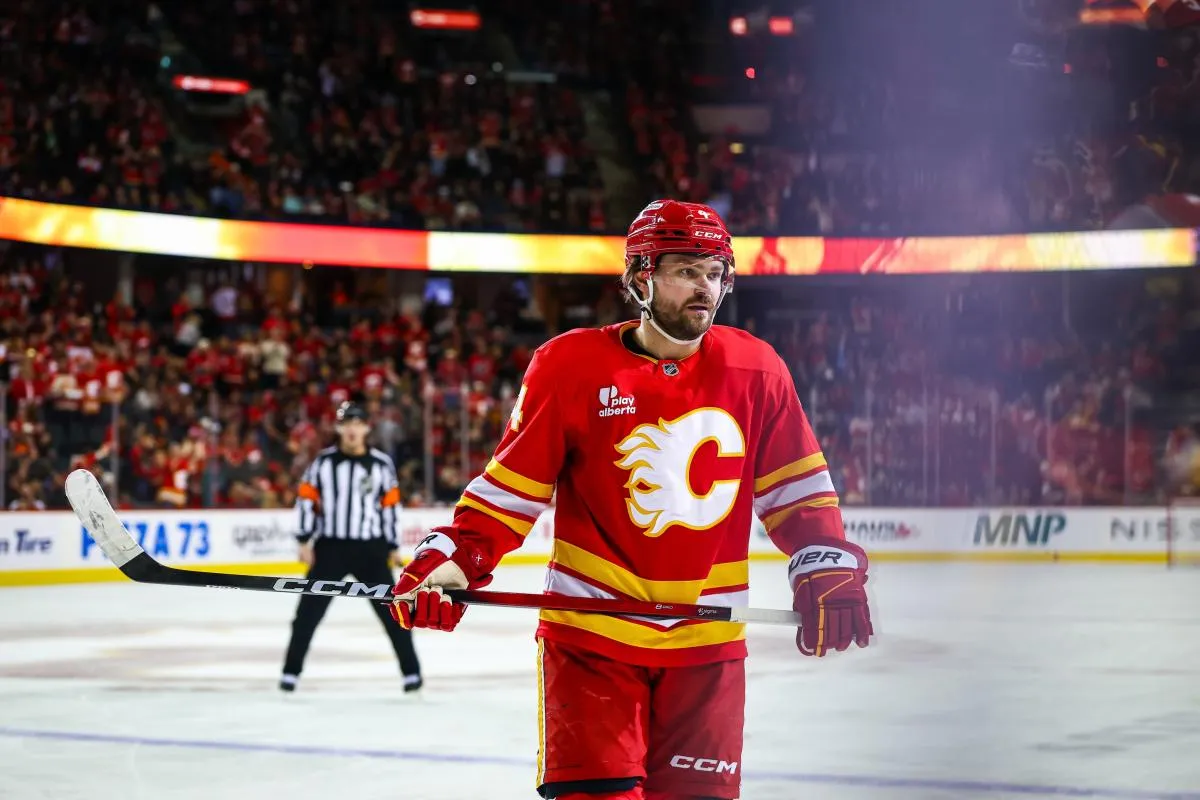 Calgary Flames defenseman Rasmus Andersson (4) scores a goal against the Philadelphia Flyers during the second period at Scotiabank Saddledome.