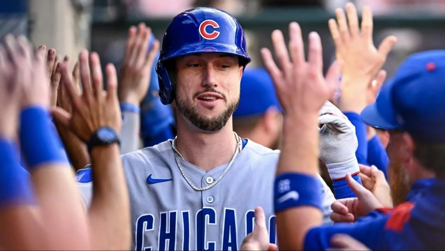 Chicago Cubs outfielder Kyle Tucker (30) celebrates with teammates after hitting a two-run home run against the Los Angeles Angels during the third inning at Angel Stadium.