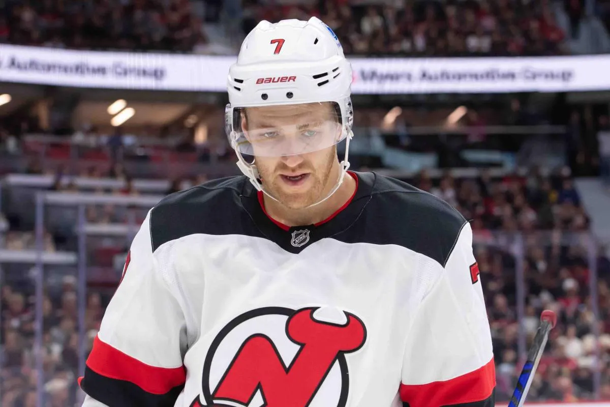 New Jersey Devils defenseman Dougie Hamilton (7) skates in the first period against the Ottawa Senators at the Canadian Tire Centre.