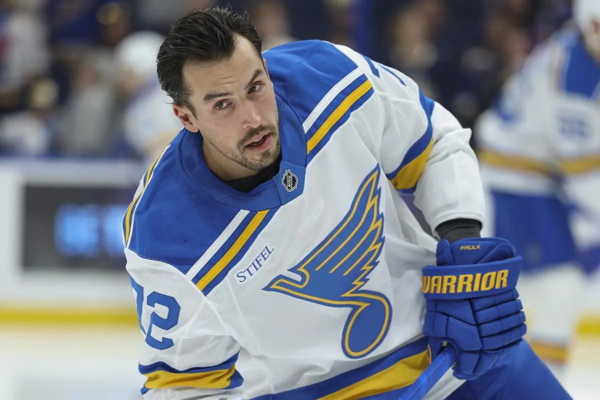 St. Louis Blues defenseman Justin Faulk (72) warms up before a game against the Tampa Bay Lightning at Benchmark International Arena.