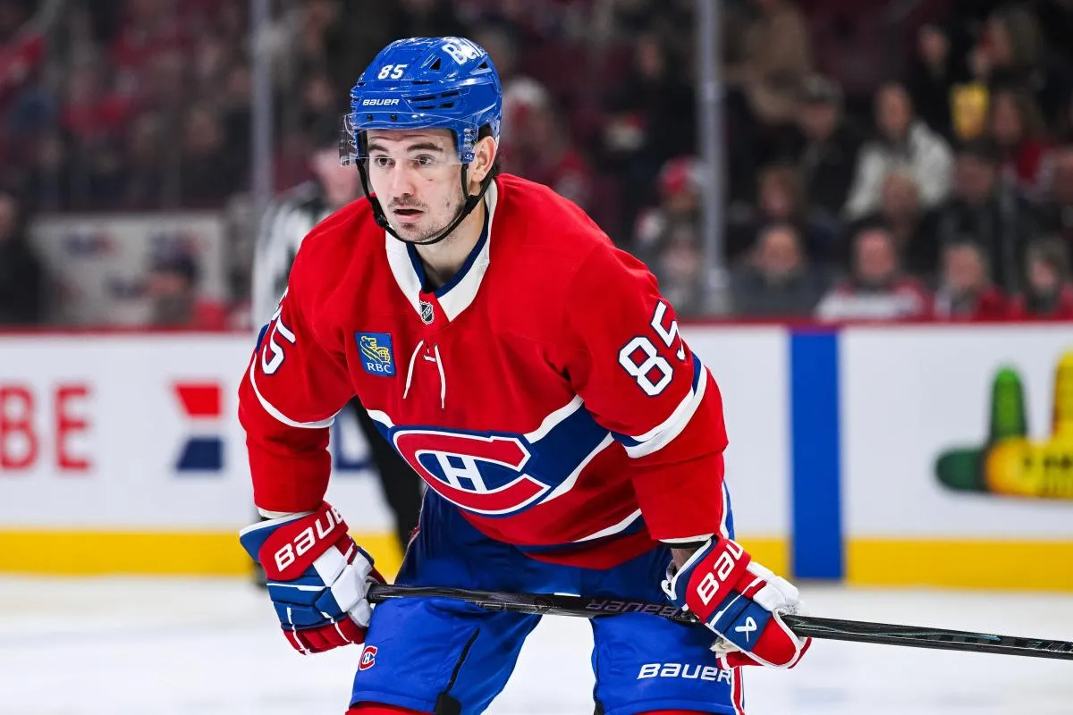 Montreal Canadiens left wing Alexandre Texier (85) waits for a face-off against the Detroit Red Wings during the third period at Bell Centre.