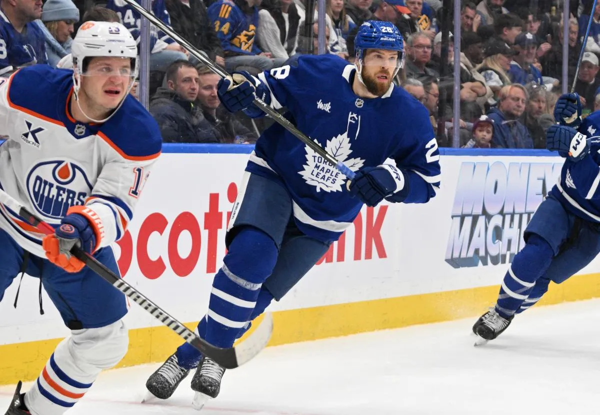 Toronto Maple Leafs defenseman Jani Hakanpaa (28) pursues the play against the Edmonton Oilers in the second period at Scotiabank Arena