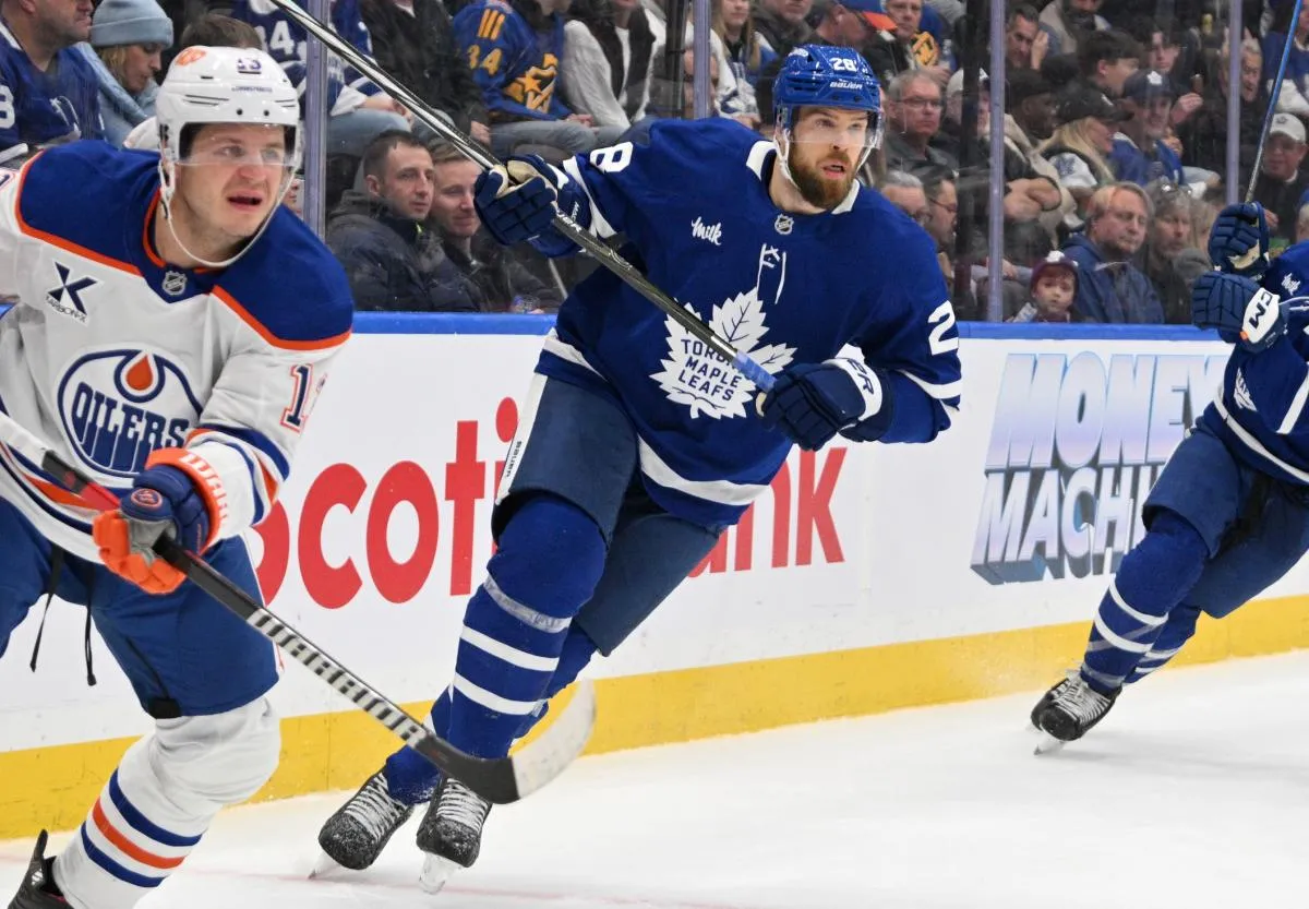Toronto Maple Leafs defenseman Jani Hakanpaa (28) pursues the play against the Edmonton Oilers in the second period at Scotiabank Arena.