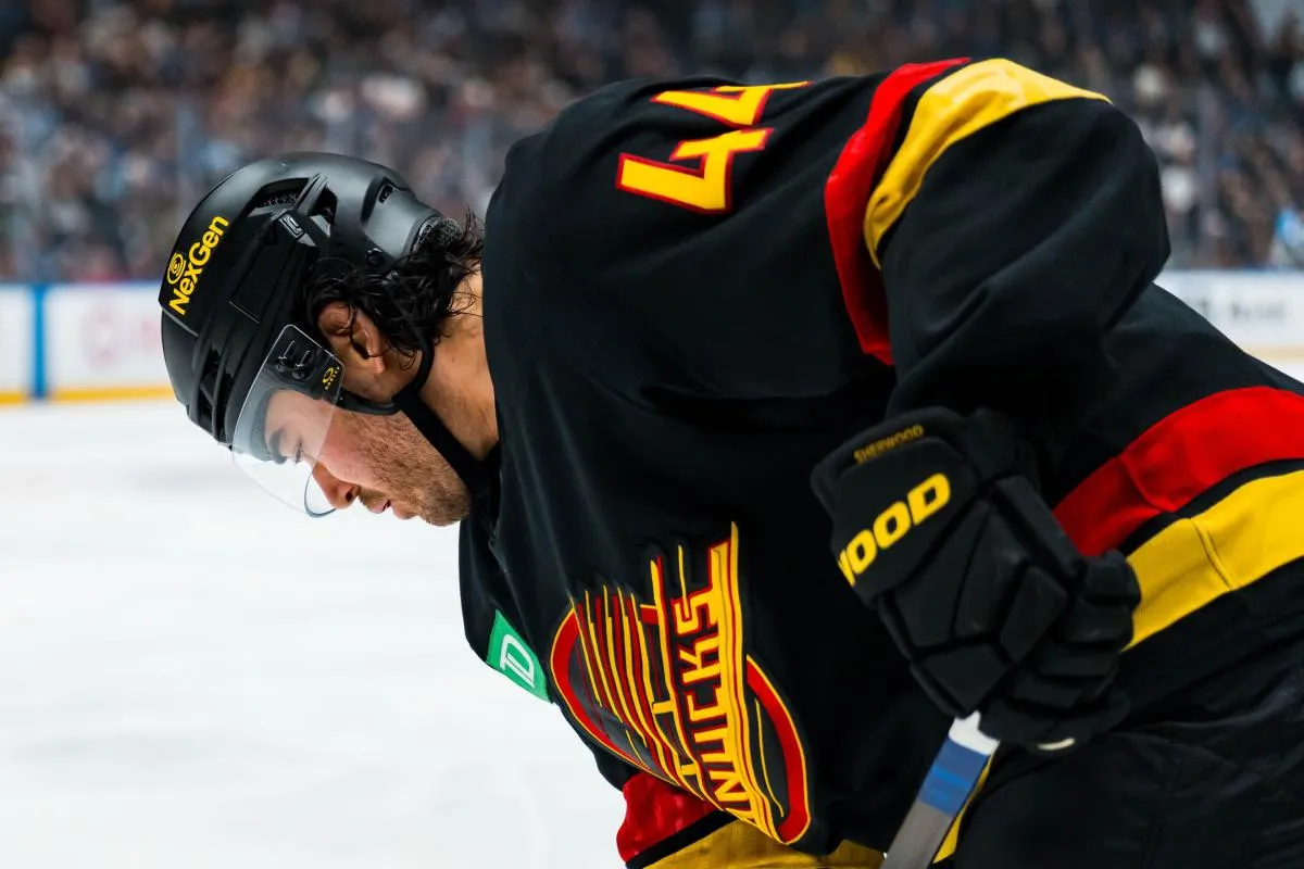 Vancouver Canucks forward Kiefer Sherwood (44) during a stop in play against the Boston Bruins in the second period at Rogers Arena.