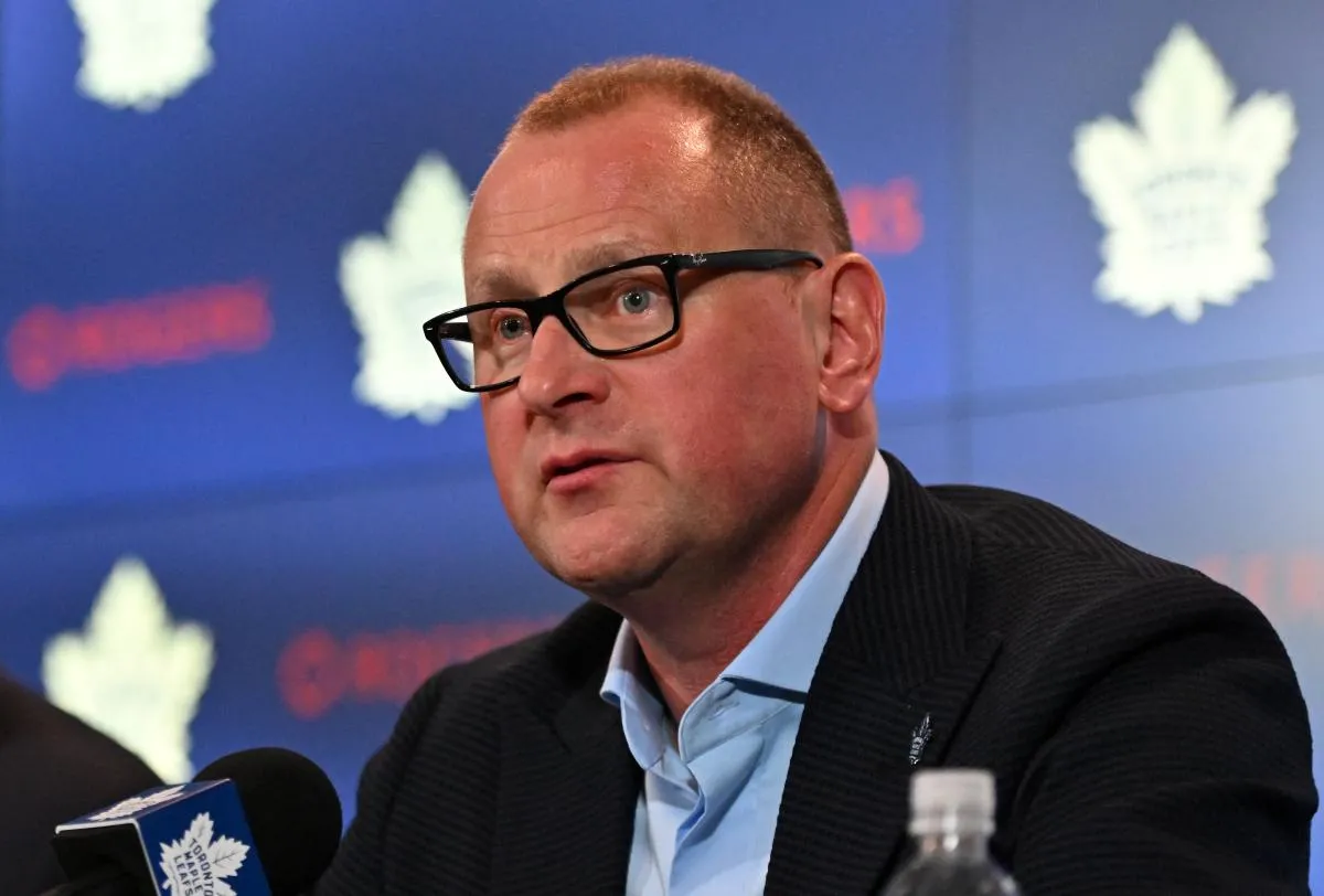 Toronto Maple Leafs new general manager Brad Treliving is introduced at a press conference at Scotiabank Arena.