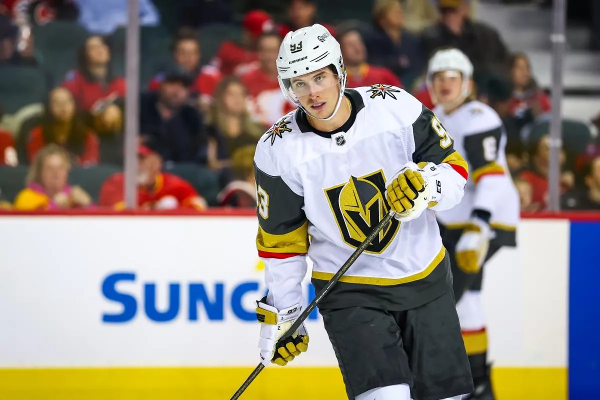 Vegas Golden Knights right wing Mitch Marner (93) skates during the third period against the Calgary Flames at Scotiabank Saddledome.