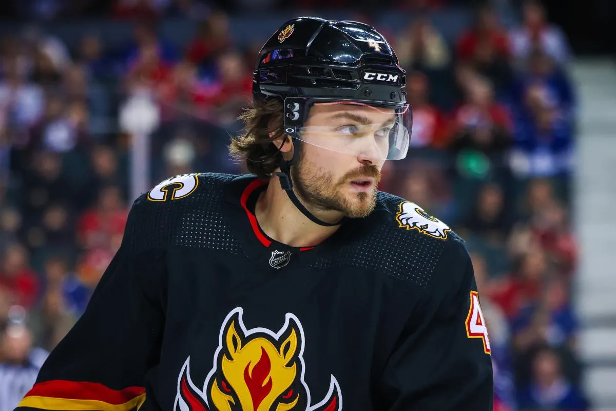 Calgary Flames defenseman Rasmus Andersson (4) against the Toronto Maple Leafs during the third period at Scotiabank Saddledome