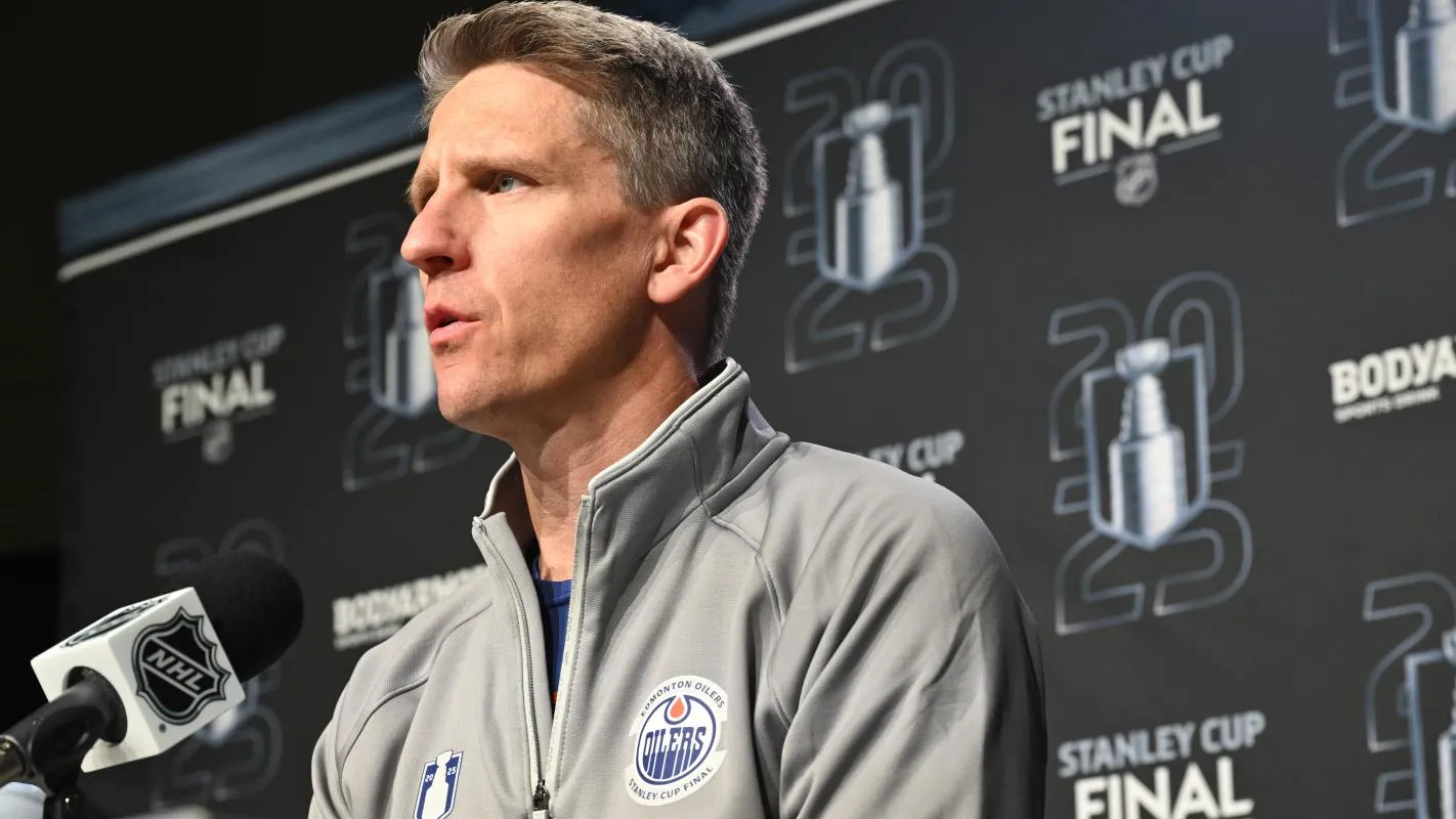PEdmonton Oilers head coach Kris Knoblauch is seen during media day in advance of the 2025 Stanley Cup Final at Rogers Place.