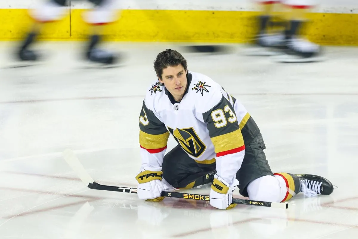 Vegas Golden Knights right wing Mitch Marner (93) during the warmup period against the Calgary Flames at Scotiabank Saddledome.