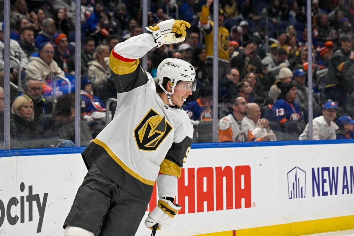 Vegas Golden Knights right wing Mitch Marner (93) celebrates his goal against the New York Islanders during the first period at UBS Arena.