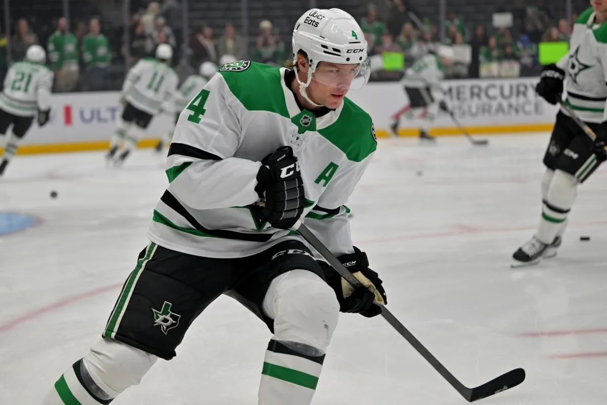 Dallas Stars defenseman Miro Heiskanen (4) warms up prior to the game against the Los Angeles Kings at Crypto.com Arena.