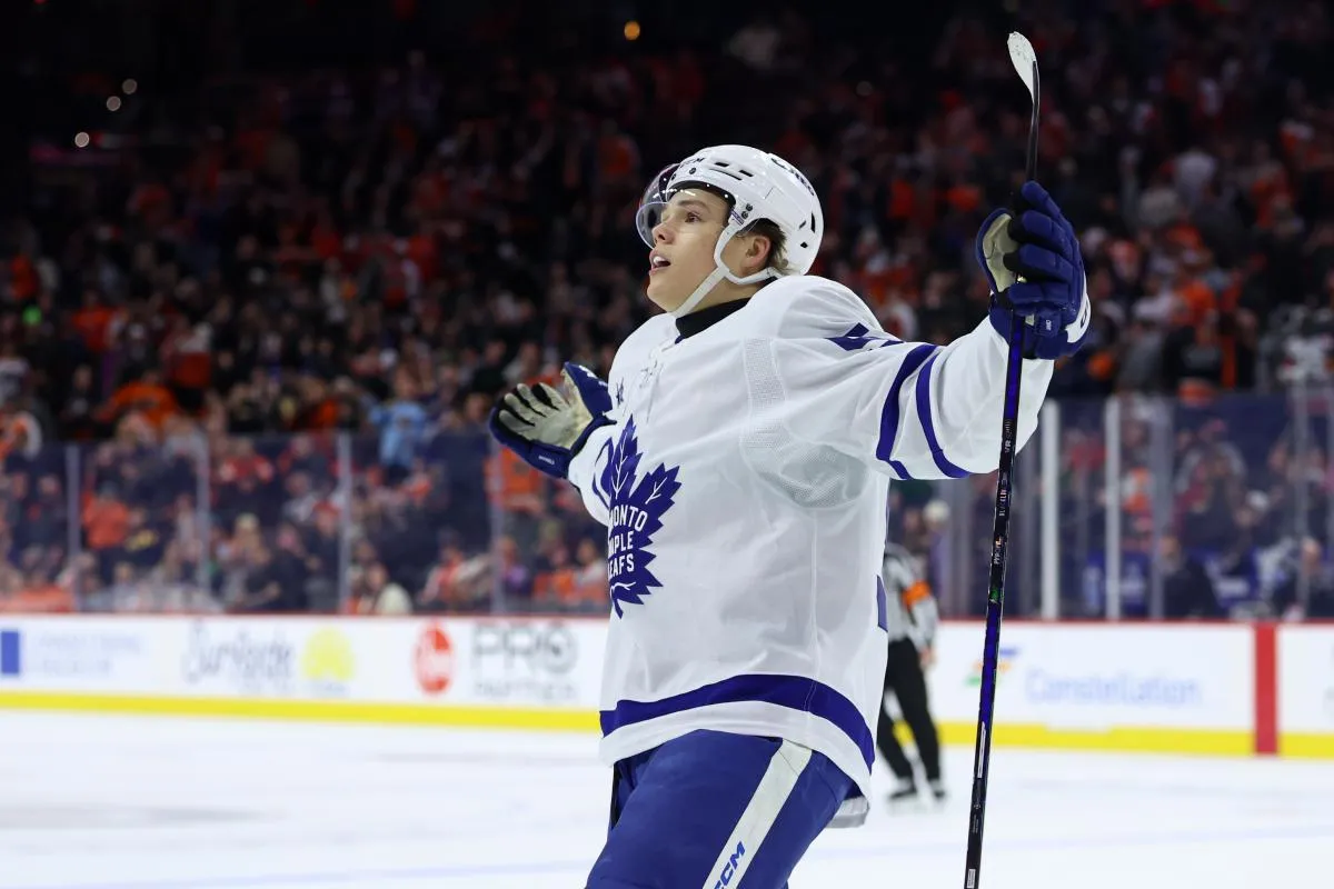 Toronto Maple Leafs right wing Easton Cowan (53) reacts after scoring the game winning goal against the Philadelphia Flyers during overtime at Xfinity Mobile Arena