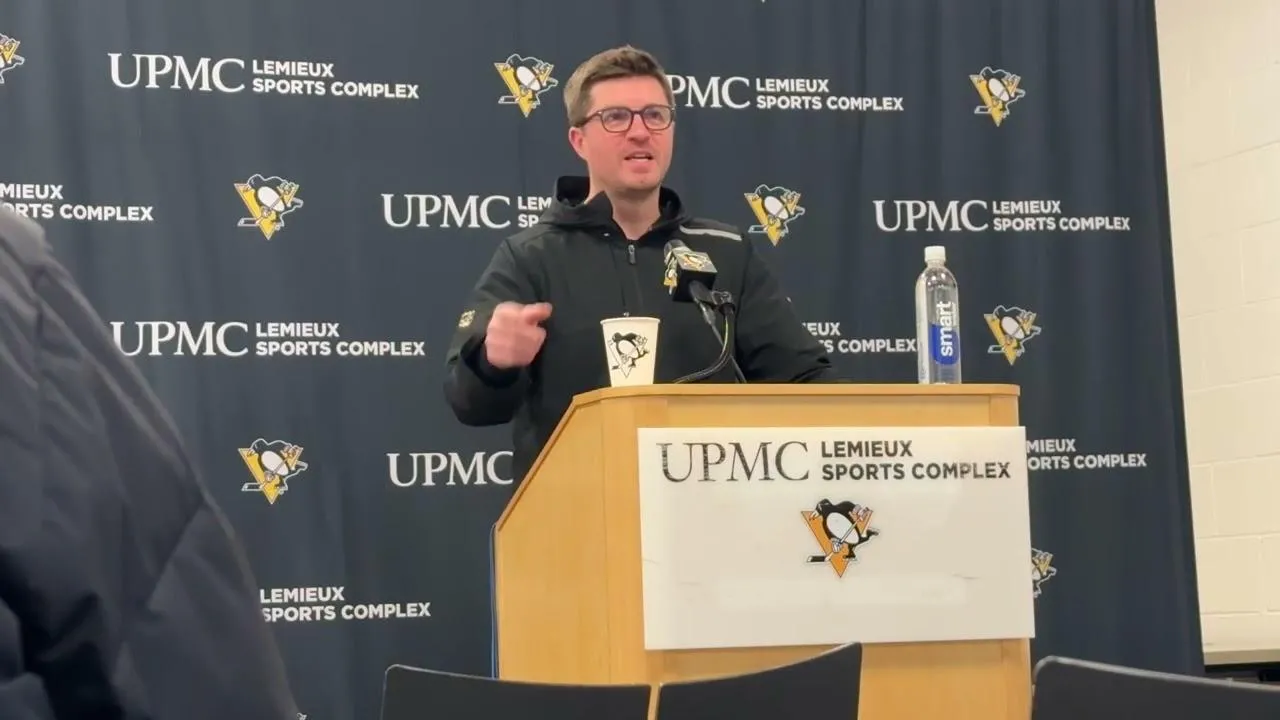 Pittsburgh Penguins GM Kyle Dubas speaks to reporters