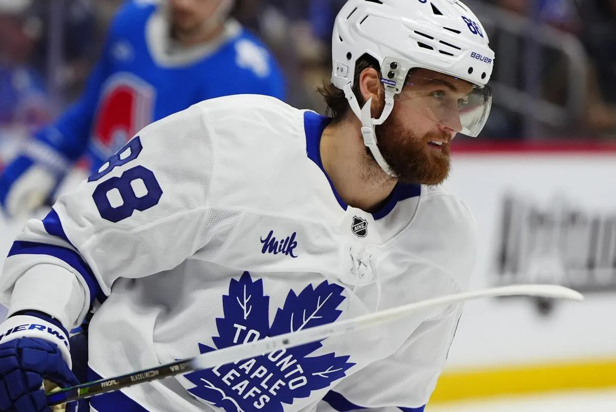 Toronto Maple Leafs right wing William Nylander (88) reacts to a the third period goal scored against the Colorado Avalanche at Ball Arena.