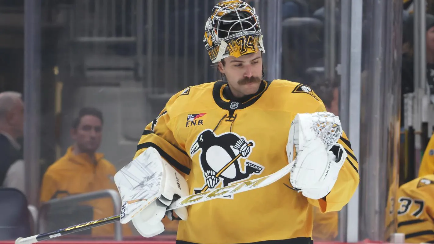 Pittsburgh Penguins goaltender Stuart Skinner (74) returns to his net against the Philadelphia Flyers during the first period at PPG Paints Arena.