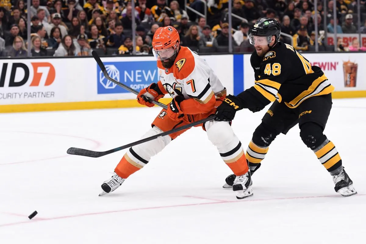 Anaheim Ducks defenseman Radko Gudas (7) and Boston Bruins left wing Jeffrey Viel (48) battle for the puck during the first period at TD Garden.