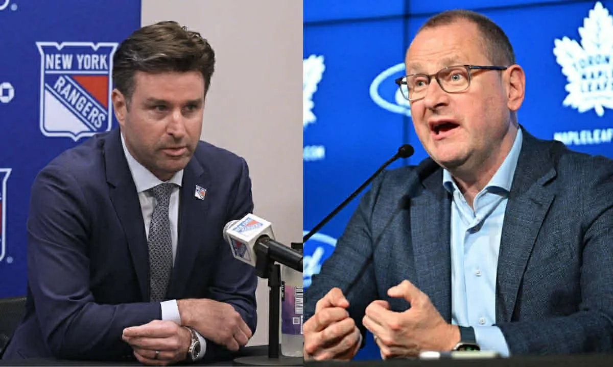 New York Rangers GM Chris Drury (left) and Toronto Maple Leafs GM Brad Treliving (right)