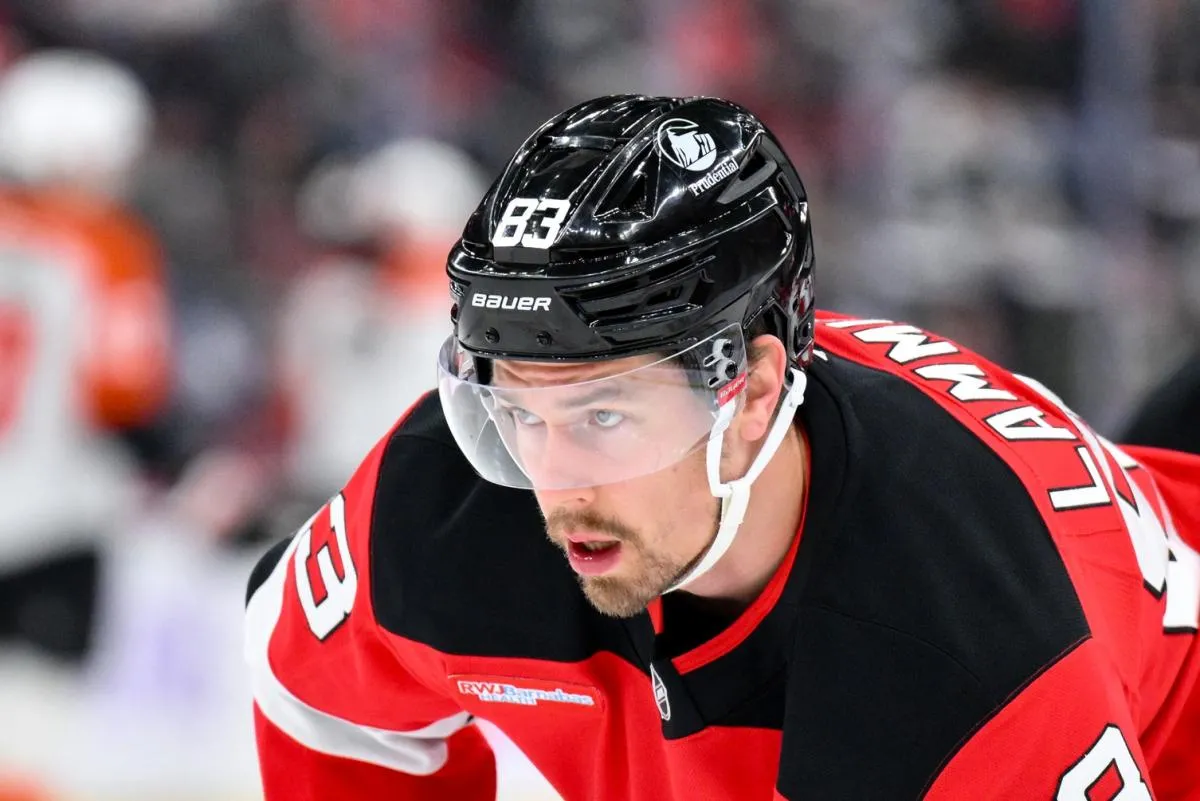 New Jersey Devils center Juho Lammikko (83) warms up before a game against the Philadelphia Flyers at Prudential Center.