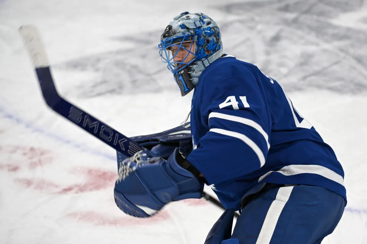Toronto Maple Leafs goalie Anthony Stolarz (41) warms up before playng the Boston Bruins at Scotiabank Arena.