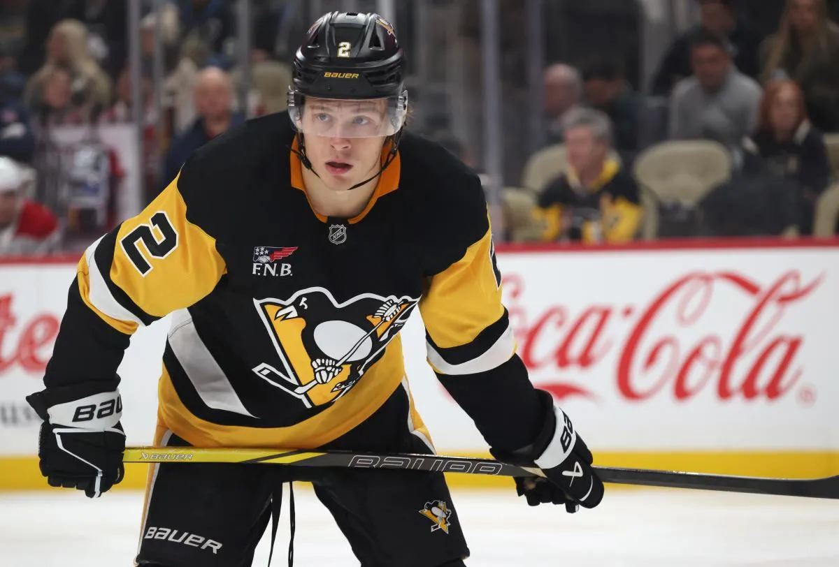 Pittsburgh Penguins right wing Rutger McGroarty (2) looks on against the Montr&eacute;al Canadiens during the third period at PPG Paints Arena.