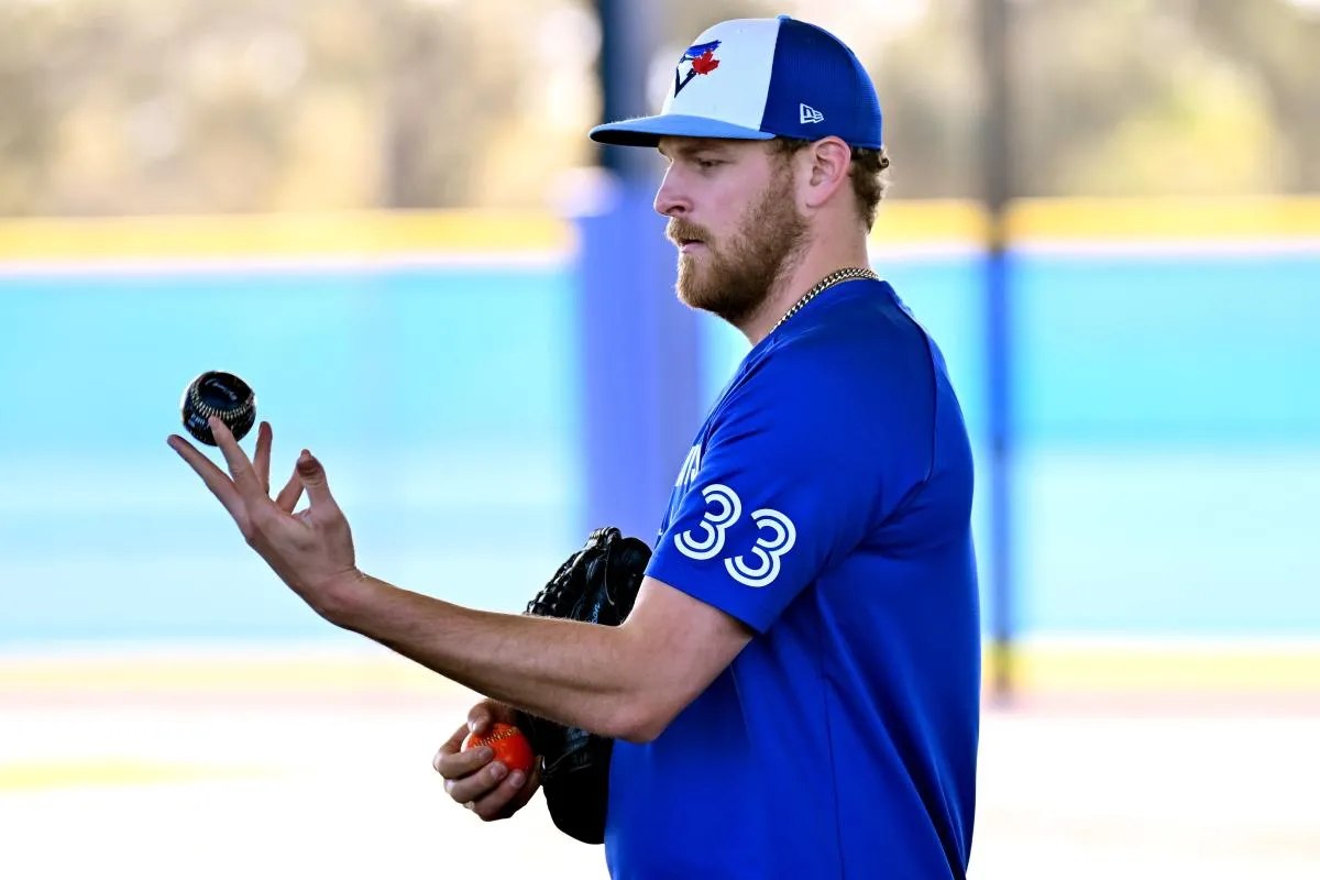 Toronto Blue Jays pitcher Nick Robertson (33) prepares to warm up during spring training at Cecil B. Englebert Complex.