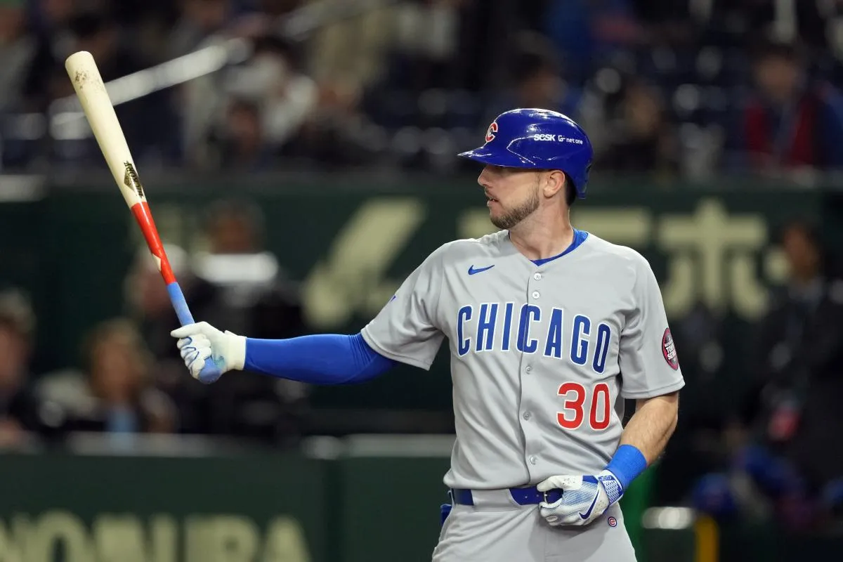 Chicago Cubs right fielder Kyle Tucker (30) bats against the Los Angeles Dodgers during the ninth inning during the Tokyo Series at Tokyo Dome.