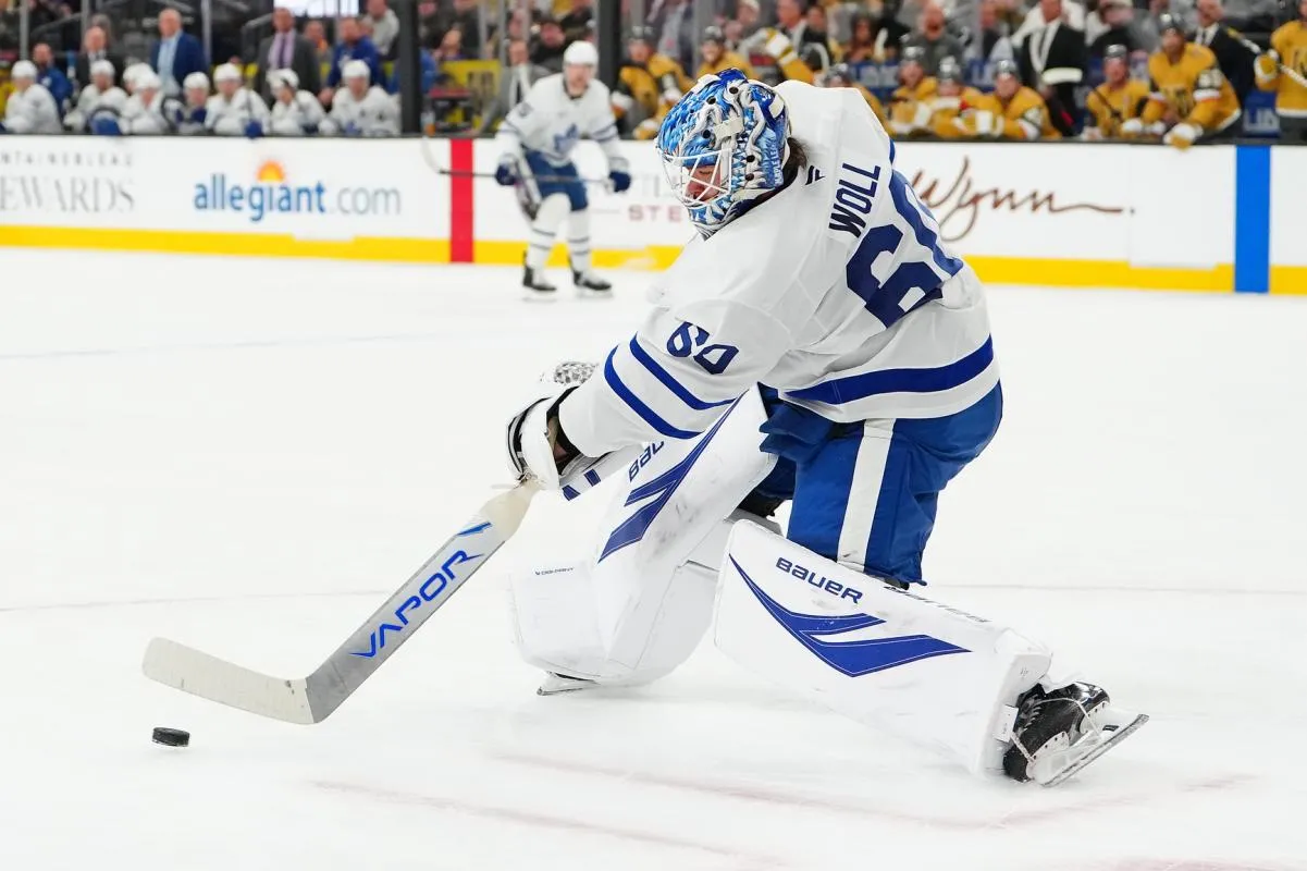 Toronto Maple Leafs goaltender Joseph Woll (60) clears the puck during a power play against the Vegas Golden Knights during the second period at T-Mobile Arena
