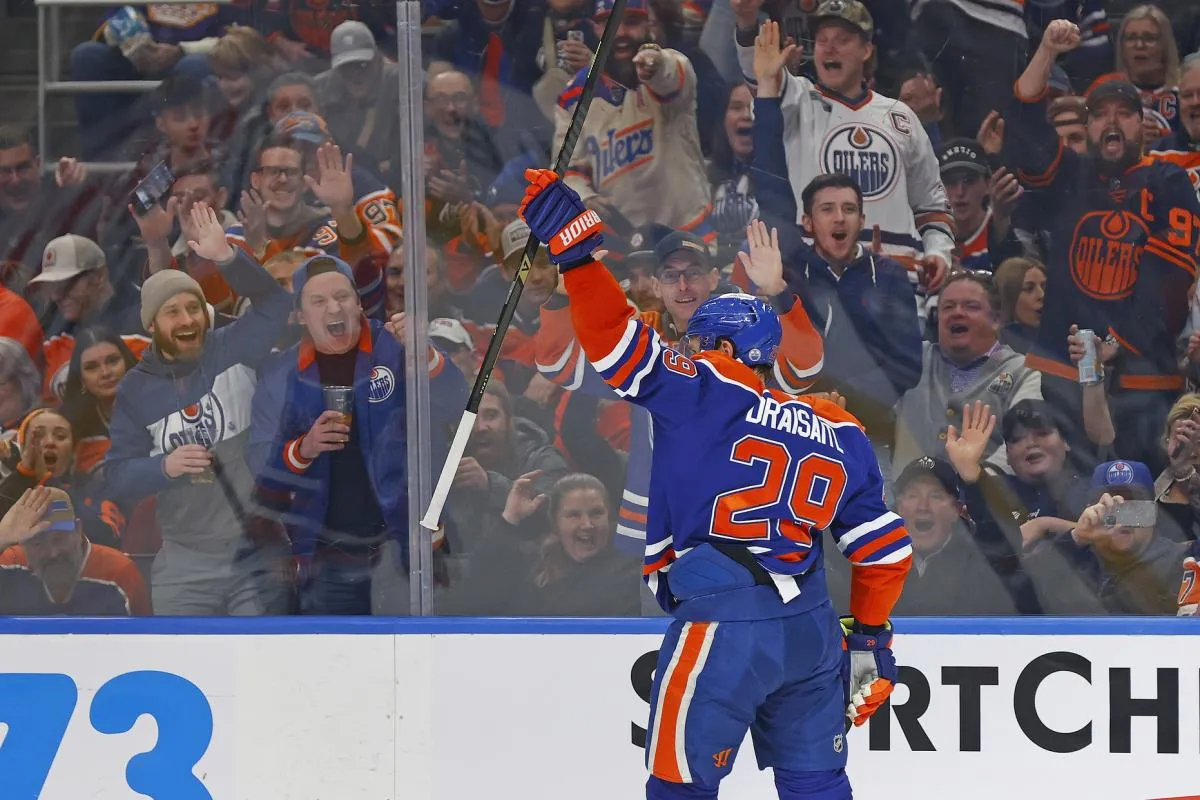 Edmonton Oilers forward Leon Draisaitl (29) celebrates after scoring a goal against the Los Angelos Kings during the first period at Rogers Place.