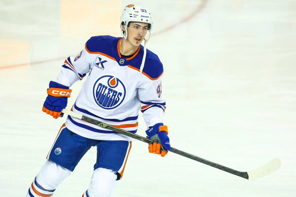 Edmonton Oilers center Ryan Nugent-Hopkins (93) skates during the warmup period against the Calgary Flames at Scotiabank Saddledome.
