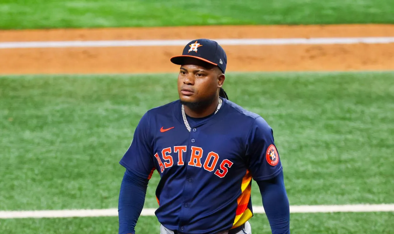 Houston Astros starting pitcher Framber Valdez (59) reacts after the fourth inning against the Texas Rangers at Globe Life Field.