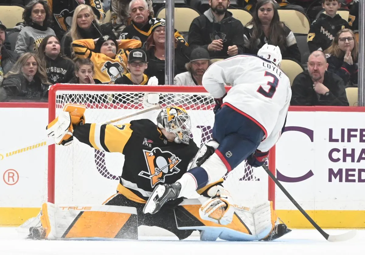 Columbus Blue Jackets right wing Charlie Coyle (3) scores on Pittsburgh Penguins center goalie Arturs Silovs (37) in a shoot out at PPG Paints Arena. Columbus won 4-3.