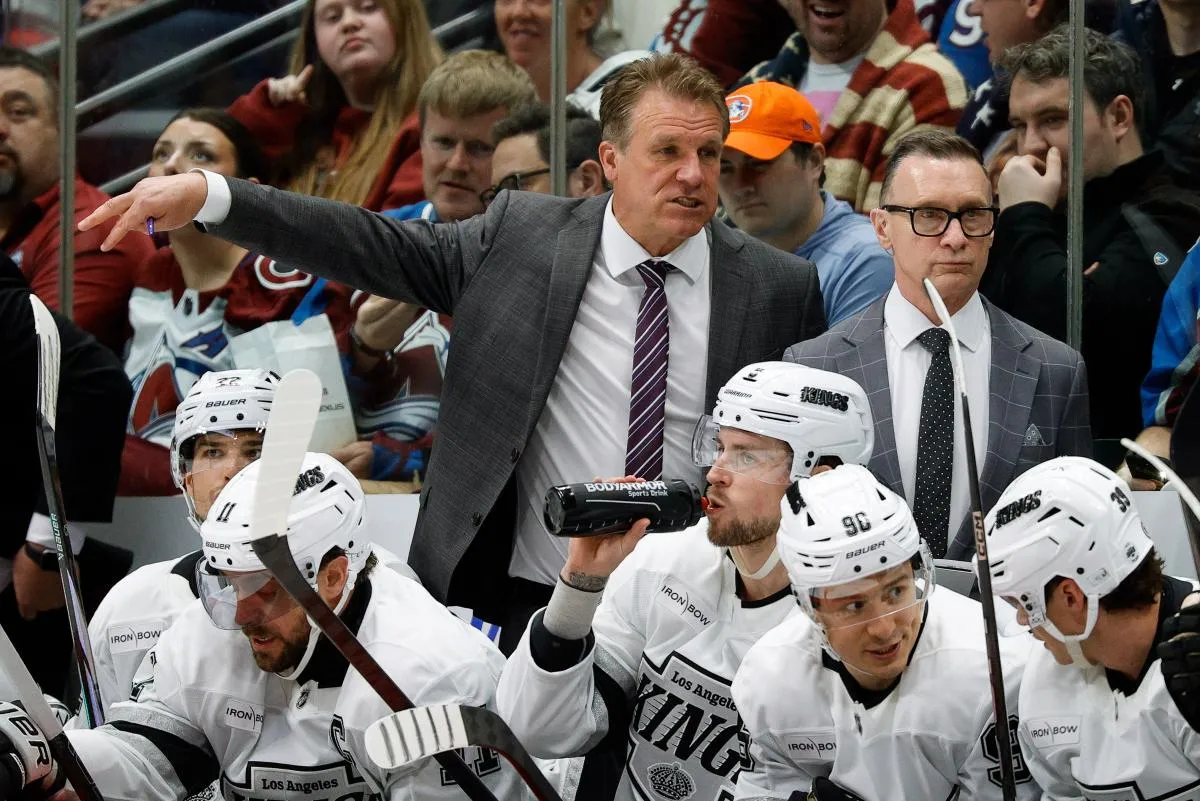 Los Angeles Kings head coach Jim Hiller in the first period against the Los Angeles Kings at Ball Arena.