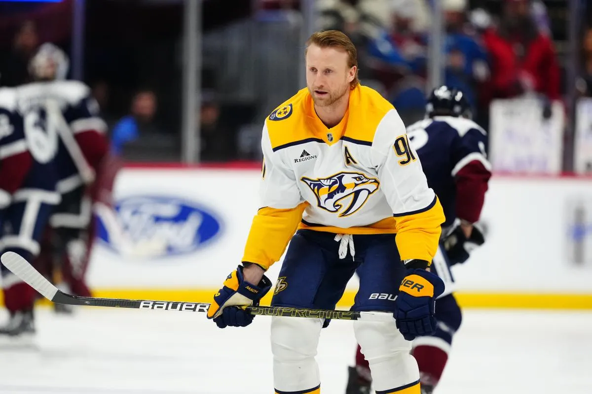 Nashville Predators center Steven Stamkos (91) before the game against the Colorado Avalanche at Ball Arena.
