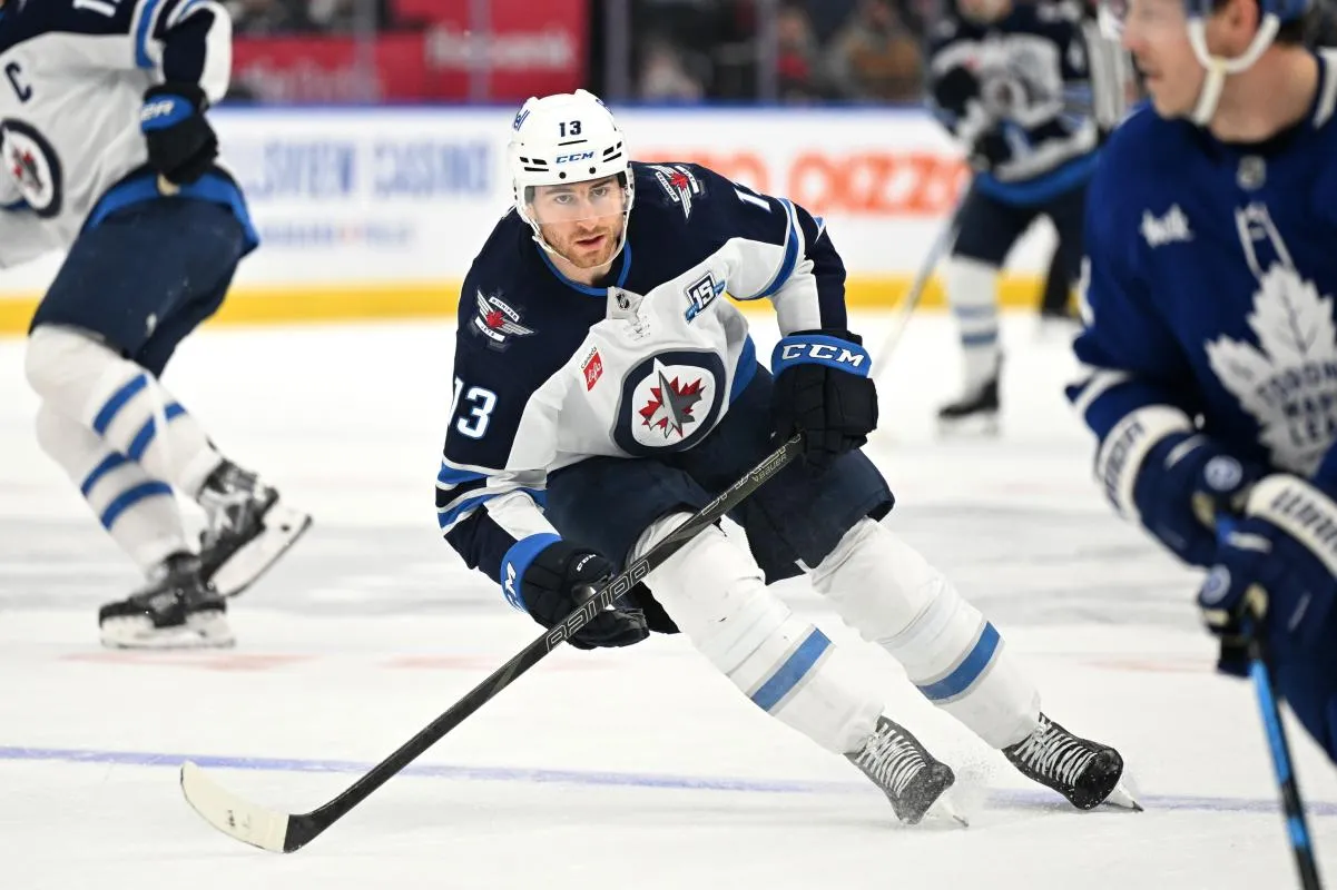 Winnipeg Jets forward Gabe Vilardi (13) moves in to forecheck in the Toronto Maple Leafs zone in the second period at Scotiabank Arena.