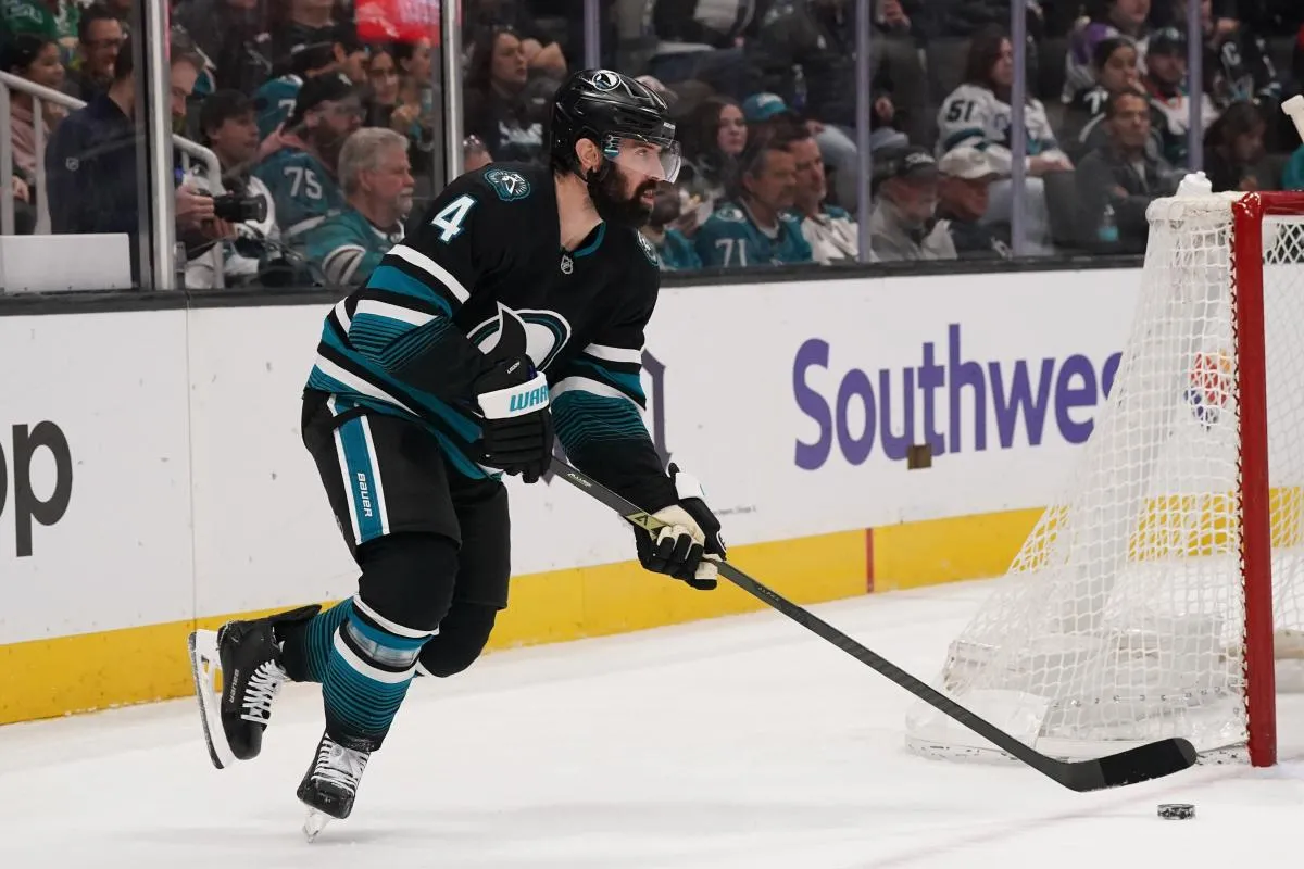 San Jose Sharks defenseman Nick Leddy (4) controls the puck during against the Columbus Blue Jackets in the first period at SAP Center at San Jose.