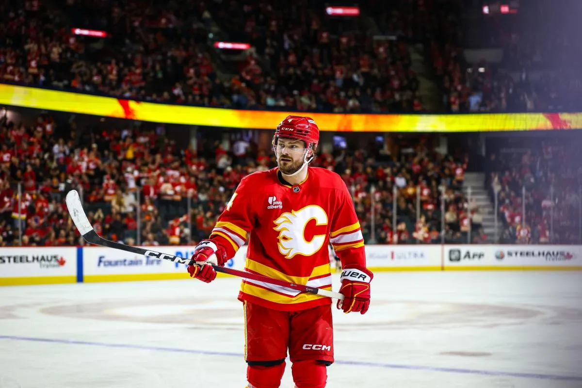 Calgary Flames defenseman Rasmus Andersson (4) against the Philadelphia Flyers during the second period at Scotiabank Saddledome.