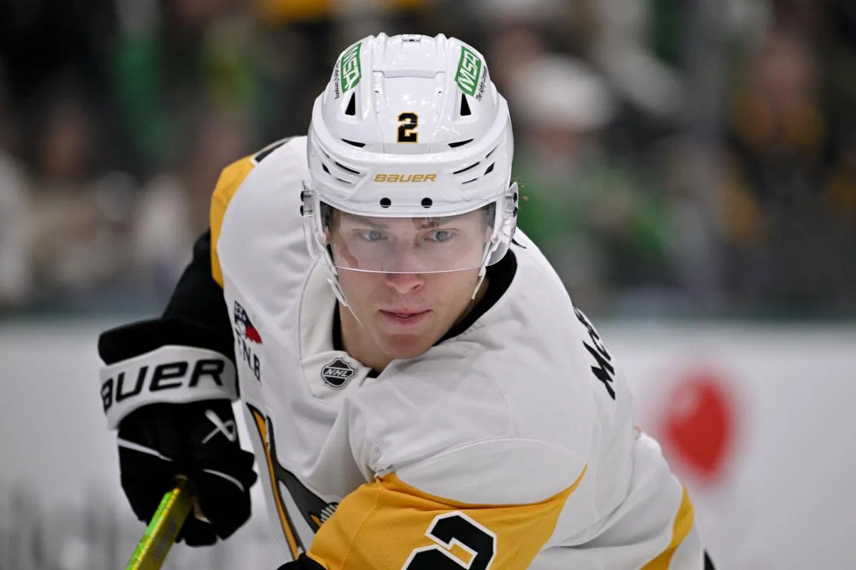 Pittsburgh Penguins right wing Rutger McGroarty (2) skates against the Dallas Stars during the game at the American Airlines Center.