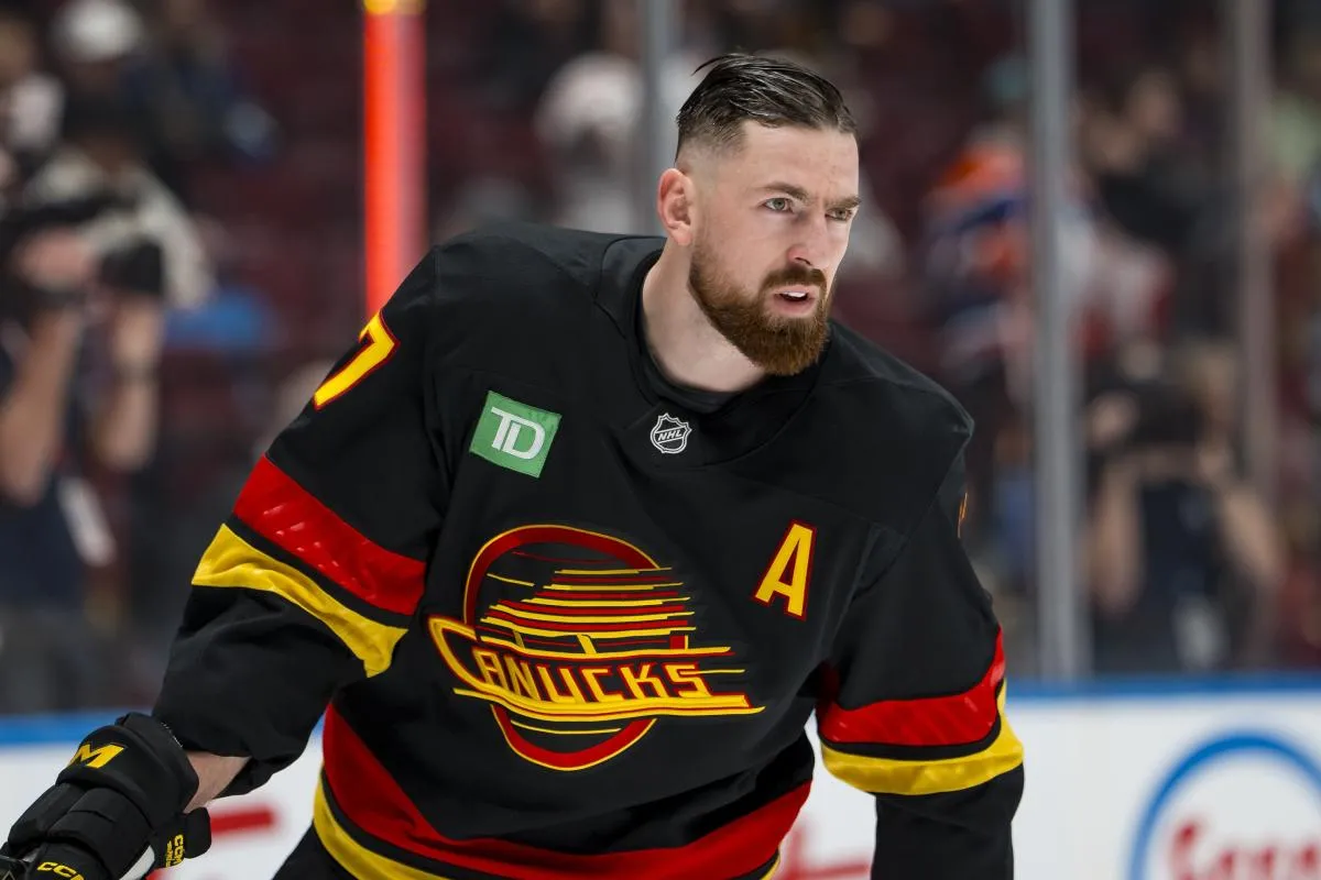 Vancouver Canucks defenseman Filip Hronek (17) skates during warm ups prior to a game against the Edmonton Oilers at Rogers Arena.