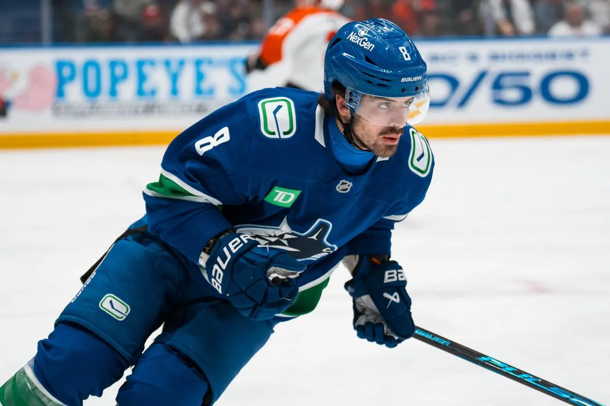 Vancouver Canucks forward Conor Garland (8) skates against the Philadelphia Flyers in the first period at Rogers Arena.