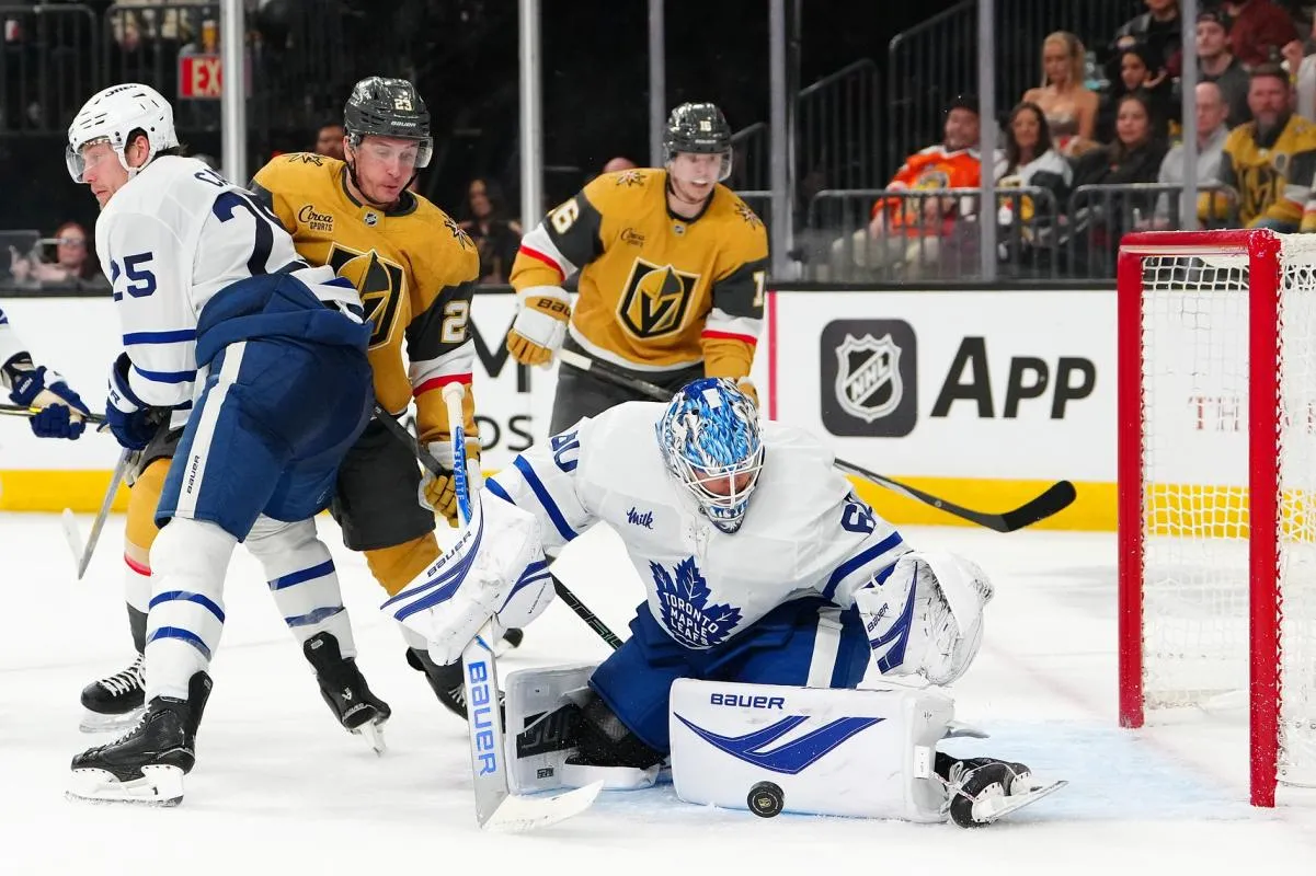 Toronto Maple Leafs goaltender Joseph Woll (60) makes a save against the Vegas Golden Knights during the second period at T-Mobile Arena.