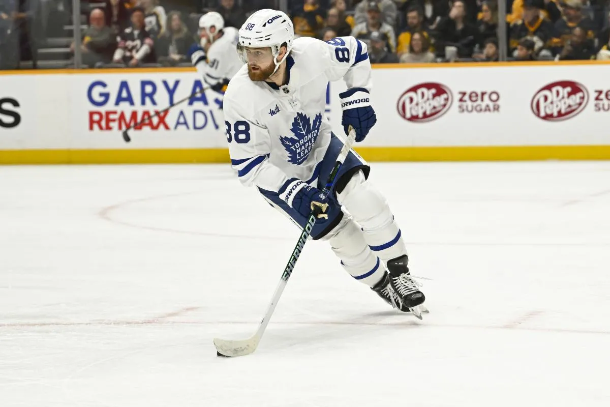Toronto Maple Leafs right wing William Nylander (88) skates with the puck against the Nashville Predators during the first period at Bridgestone Arena.