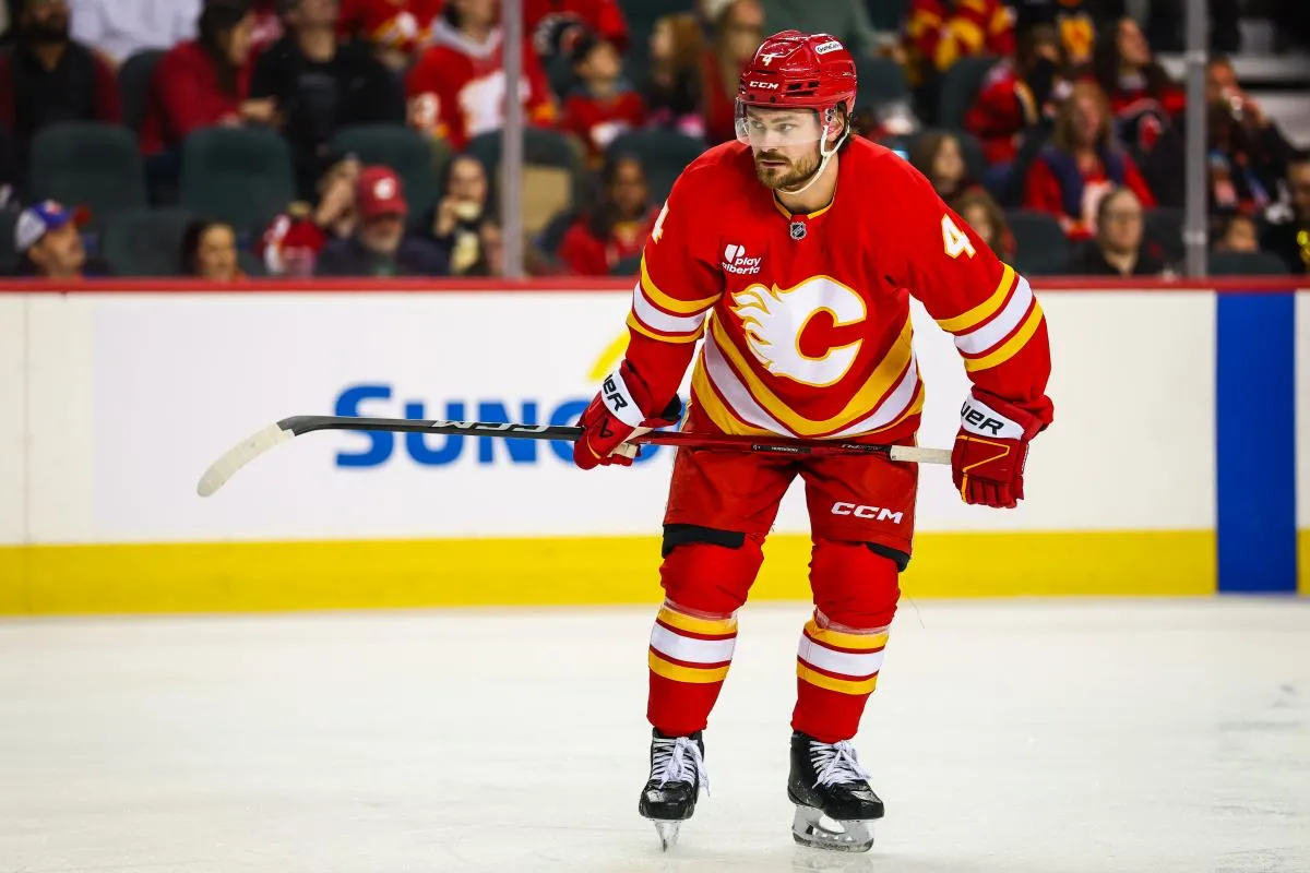 Calgary Flames defenseman Rasmus Andersson (4) against the New York Islanders during the second period at Scotiabank Saddledome.