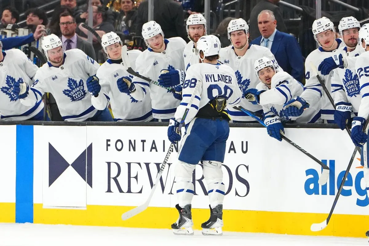 Toronto Maple Leafs right wing William Nylander (88) celebrates with team mates after scoring a goal against the Vegas Golden Knights during the first period at T-Mobile Arena.