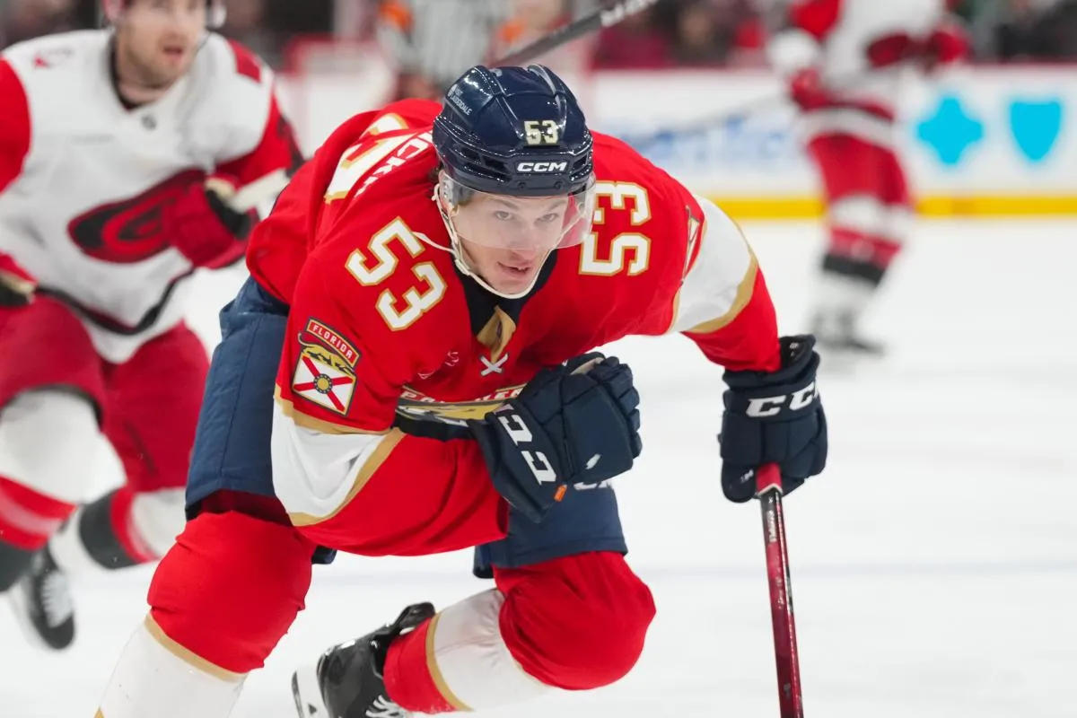 Florida Panthers center Jack Studnicka (53) skates against the Carolina Hurricanes during the second period at Lenovo Center.