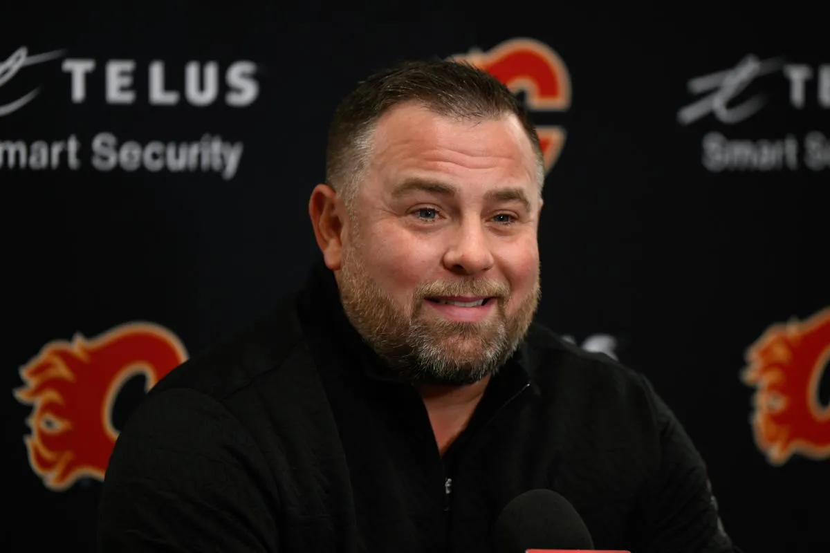 Calgary Flames assistant coach Marc Savard speaks to the media after the Flames defeated the Seattle Kraken at Climate Pledge Arena.