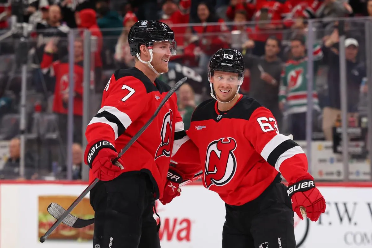 New Jersey Devils defenseman Dougie Hamilton (7) celebrates his goal against the San Jose Sharks during the second period at Prudential Center.
