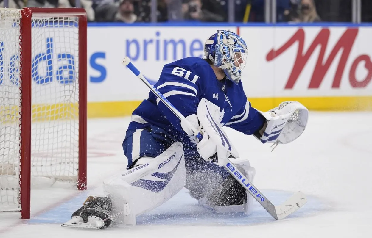 Toronto Maple Leafs goaltender Joseph Woll (60) makes a save against the Minnesota Wild during the second period at Scotiabank Arena.