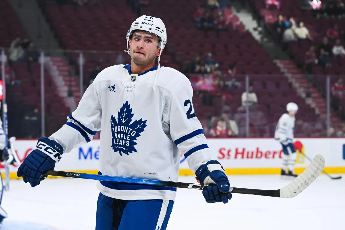 Toronto Maple Leafs forward Jacob Quillan (26) looks on during warm-up before the game against the Montreal Canadiens at Bell Centre.
