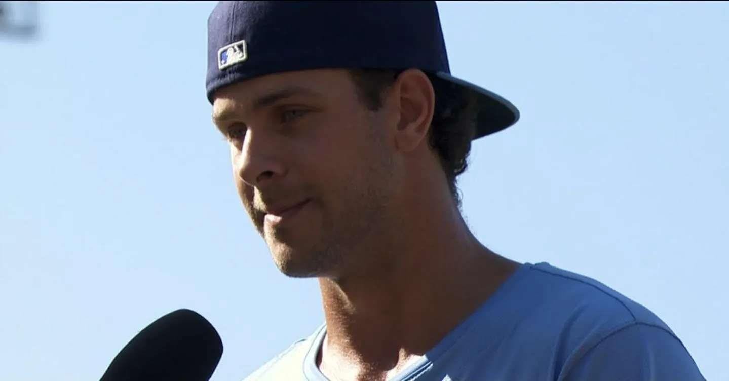 Toronto Blue Jays second baseman Ernie Clement (22) talks about a solo home run he hit against the Los Angeles Dodgers during the ninth inning in a post game interview at Dodger Stadium.